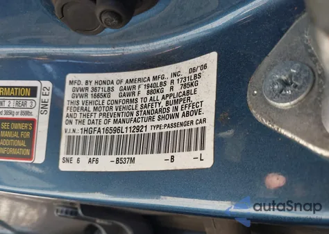 2006 Honda Civic Lx from USA, damaged, VIN 1HGFA16596L112921